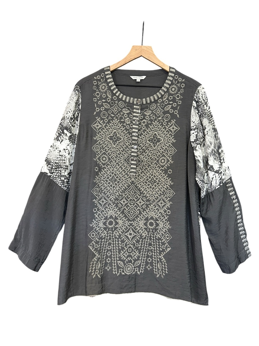 John Mark Embroidered Floral Long Sleeve Tunic Top Taupe/Gray Size Large
